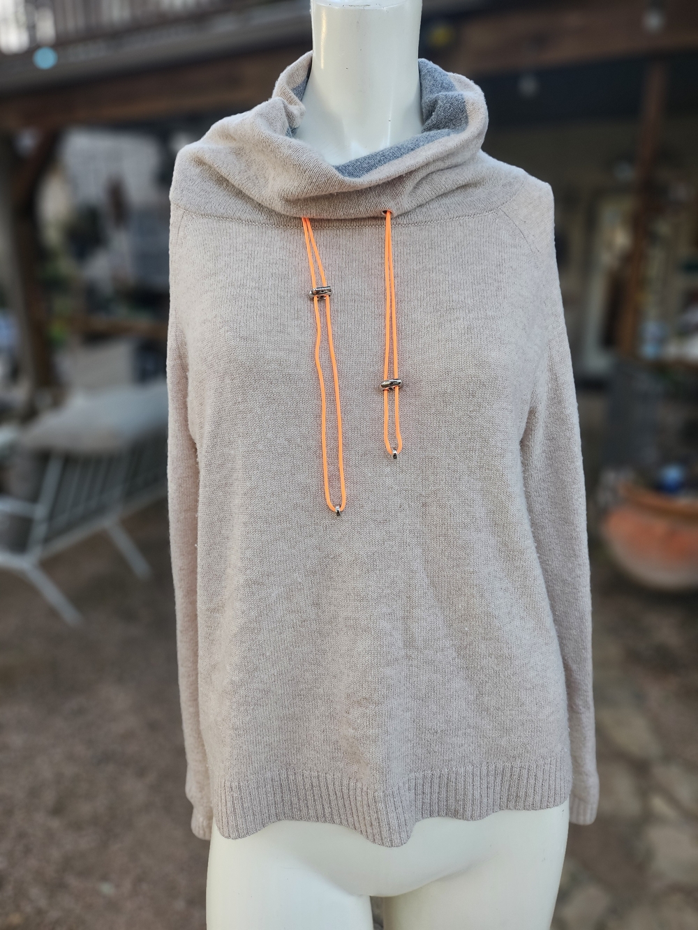 Lisa Todd Beige Cowl Neck Merino Knit Sweater with Neon Orange Drawstrings XS